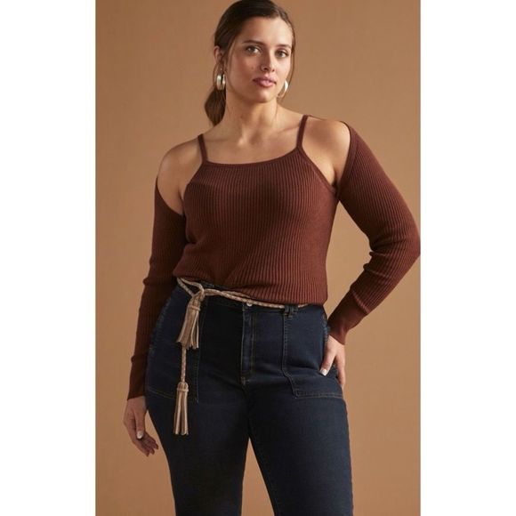 Anthropologie Sweaters - Anthropologie Ribbed Cut Out Sweater Top Brown Fall New 2X Plus Size